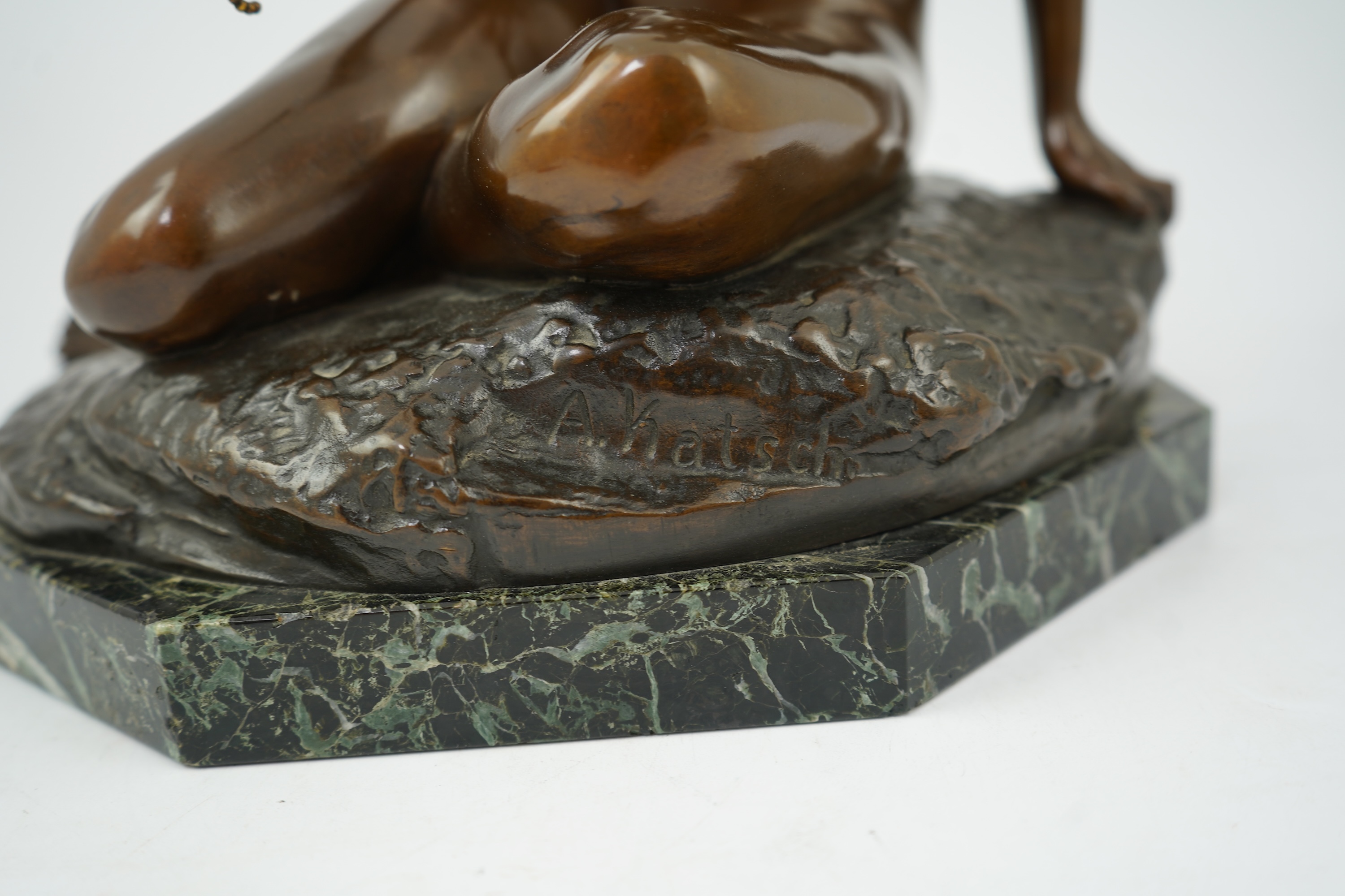 After Arnold Katsch (German, b.1861), an Art Nouveau bronze figure of Psyche, with foundry mark to reverse ‘Gladenbeks Bronceciesserei’, on serpentine marble base, missing butterfly from hand, 34cm